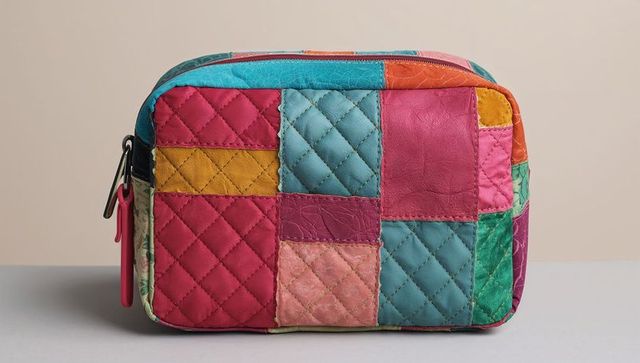 Colorful patchwork quilted pouch featuring zipper closure and leather pull