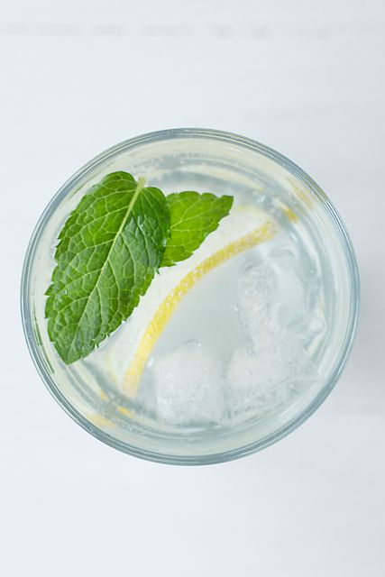 Close-up view of a glass filled with refreshing lemon mint water and ice cubes. Ideal for using in articles or advertisements related to health, hydration, summer drinks, detox diets, or natural beverages. Great visual for promoting spa and wellness services or healthy lifestyle blogs.