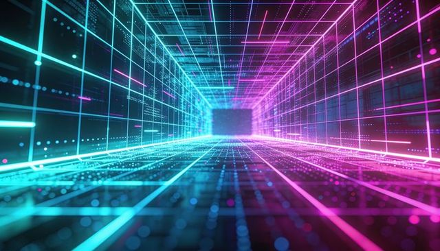 Receding neon wireframe tunnel to vanishing point with cyan and magenta glowing grid lines