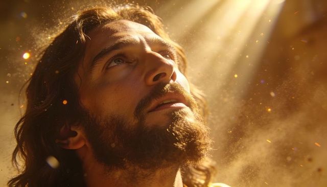 Gazing bearded man bathed in golden light, dust and embers, cinematic spiritual portrait