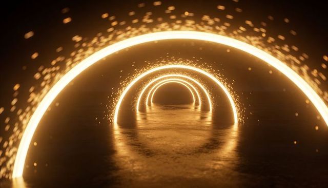 Golden neon arches forming infinite tunnel with spark trails and reflective floor