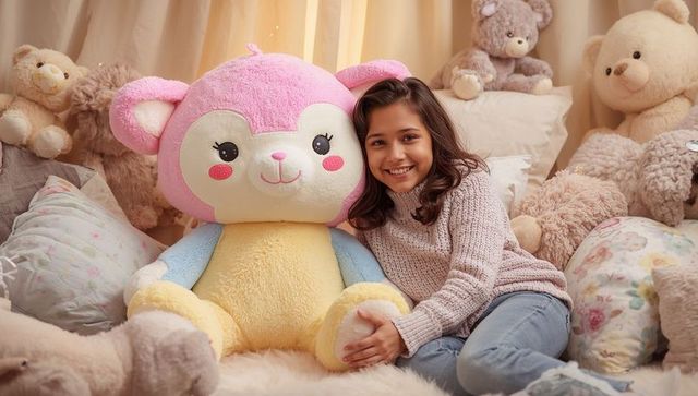 Smiling girl cuddling giant pastel plush bear in knit sweater and jeans in cozy bedroom