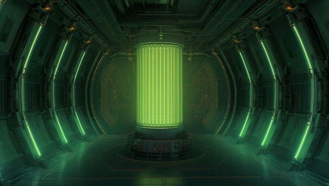 Pulsing neon energy core in futuristic reactor chamber with symmetric circuitry
