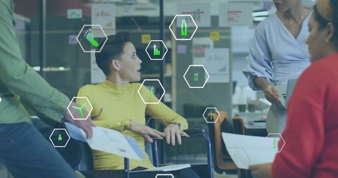 Eco-Friendly Business Strategy Discussion with Data Graphics Overlay