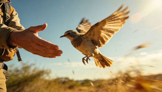 Backlit songbird landing on outstretched hand of male hiker during golden hour in scrubland