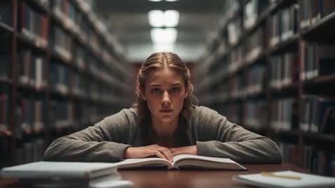 Focused student studying late in library aisle with open textbook and notebooks