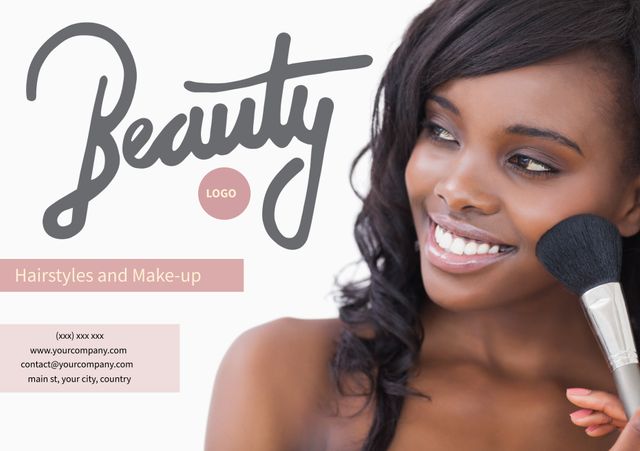 Promoting beauty services, a radiant woman applies makeup, evoking elegance and confidence. Ideal for salons and makeup artists, the template can also be adapted for beauty tutorials or cosmetic product showcases.