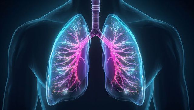 3D Medical Illustration Displaying Lungs, Trachea and Bronchi with Glowing Alveoli