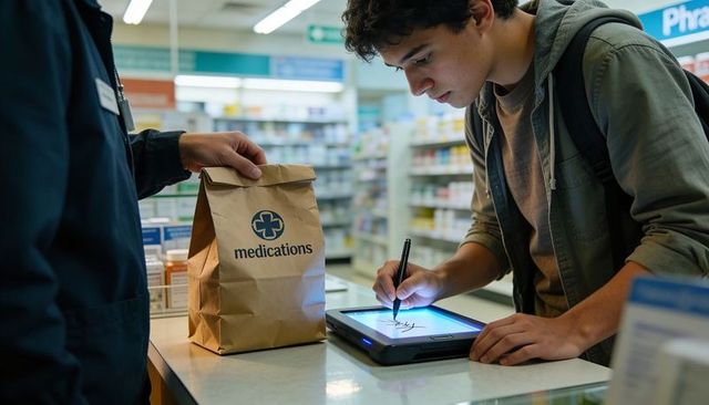 Young man signing for prescription at pharmacy counter while staff hands medication bag
