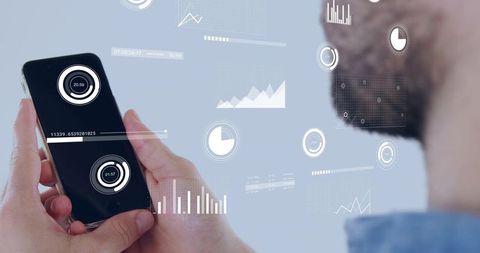 Holding smartphone showing floating ar analytics hud with bearded man viewing data
