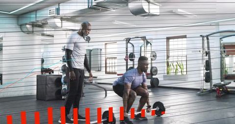 Strength coach coaching athlete lifting barbell squat in modern gym with data graph overlay