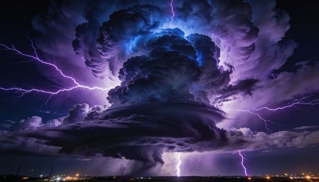 Rotating supercell over plains flashing purple lightning with towering cumulonimbus cloud