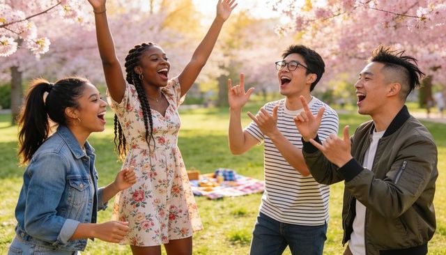 Diverse friends celebrating under cherry blossoms, singing and laughing at spring picnic