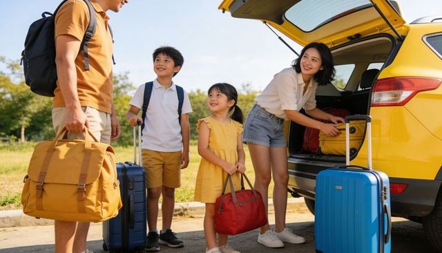 Family packing luggage by yellow suv at roadside rest stop, parents with kids preparing trip