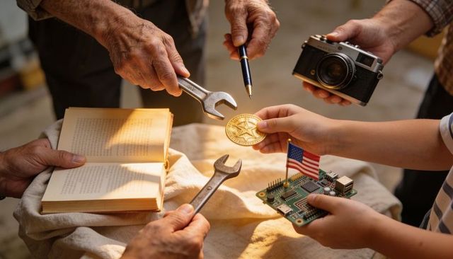 Intergenerational hands exchanging medal with circuit board and us flag pin