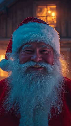 Smiling Santa Claus greeting camera outside cozy cabin with warm backlight | Vertical video