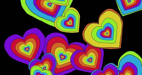 Vibrant Rainbow Hearts on Black Background