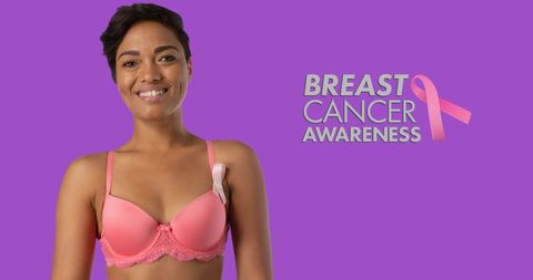 Breast Cancer Awareness Campaign with Smiling Woman on Purple Background