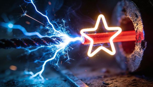 Glowing star-shaped filament meeting blue electric arc on heated metal bench