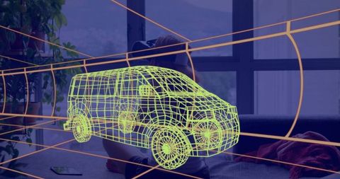 Woman using vr headset with van 3d technical drawing