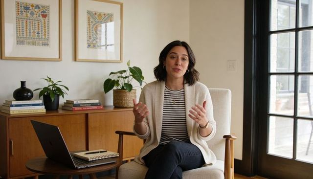 Woman gesturing and presenting in cozy midcentury home office with laptop and plants