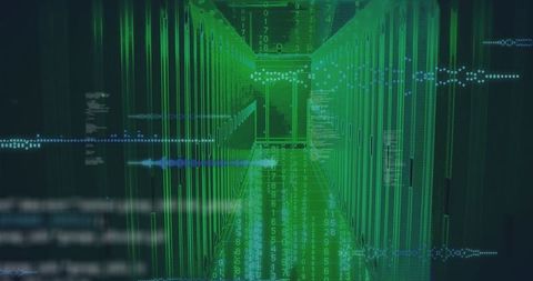 Futuristic data center servers with digital holographic visuals