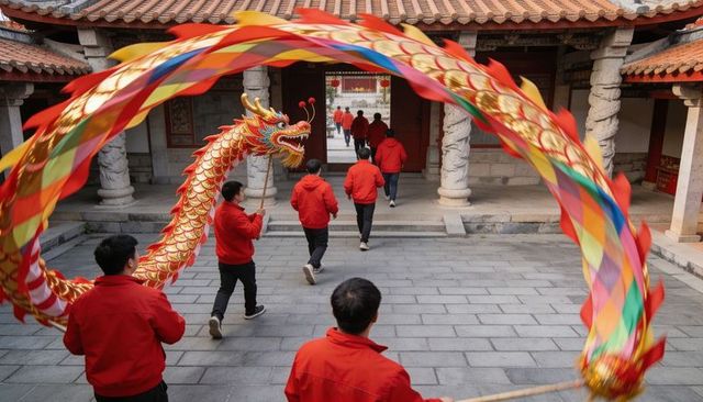 Performing golden dragon procession in temple courtyard for lunar new year celebration