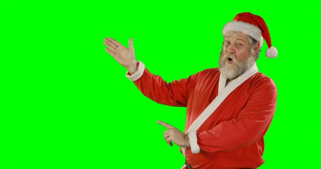 Santa Claus in traditional costume gesturing energetically on a green screen background, perfect for holiday-themed advertisements, digital greeting cards, or festive promotions. The green screen makes it easy to replace the background with any custom setting or image.