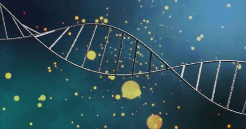Twisting DNA double helix on teal-blue gradient with glowing bokeh for genomics, biotech