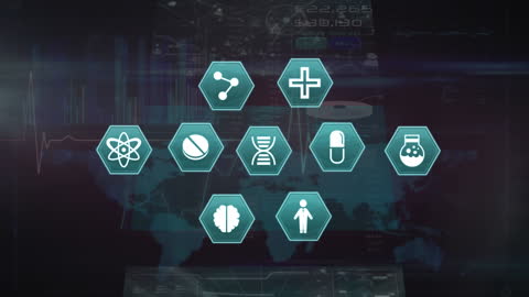 Medical Technology Icons on Digital Interface with World Map