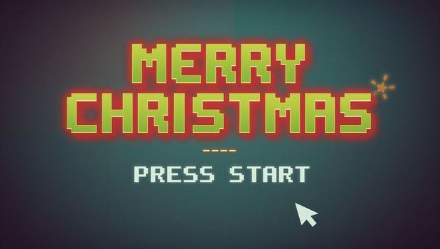 Retro pixel merry christmas press start arcade game greeting screen background wallpaper