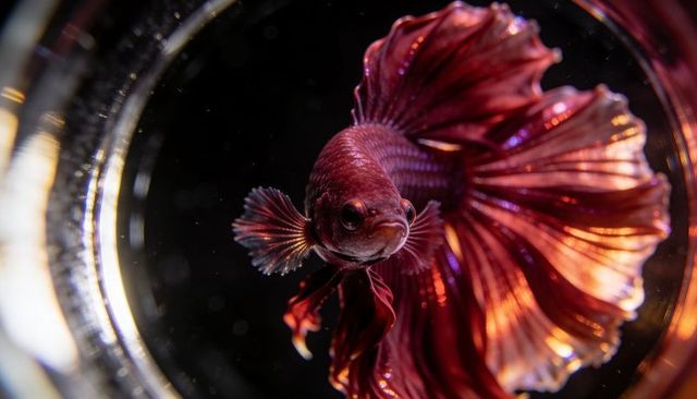 Maroon-red betta facing camera showing flowing iridescent fins and lit veins, macro