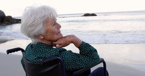 Senior Woman in Wheelchair Enjoying Peaceful Beach View