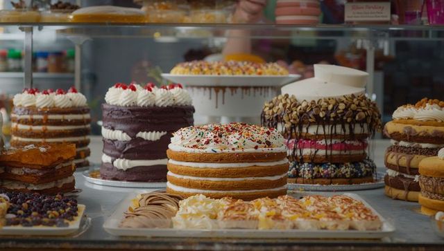Assorted layered cakes and pastries displayed in glass bakery case with sprinkles and nuts