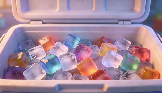 Colorful ice cubes in white cooler glowing with multicolor light and droplets