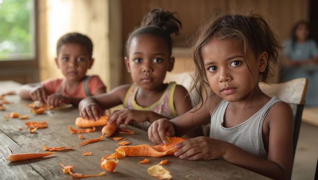 Sunlit rustic kitchen children peeling carrots on wooden table, healthy snack moment