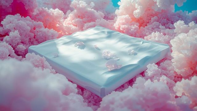 Floating white platform amidst dreamy pink clouds with delicate petals