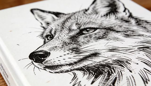 Black ink fox illustration on hardcover book macro minimalist vulpine line art
