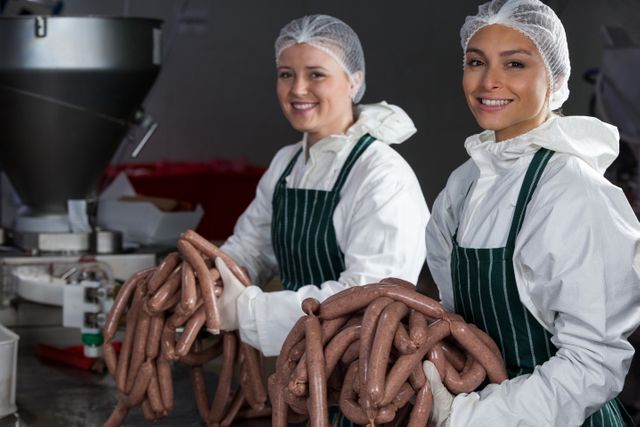 Two female butchers in protective clothing are preparing sausages in a meat factory. This image can be used to depict food industry operations, hygiene standards in food production, and professional craftsmanship in meat processing. Suitable for articles, advertisements, and educational materials related to the meat industry, food safety practices, and industrial food production.
