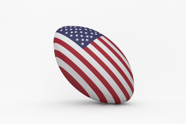 American flag rugby ball featuring a transparent background. This image symbolizes national pride and patriotism in sports, perfect for use in projects related to sporting events, team promotions, national celebrations, or patriotic content. The minimalistic and clean aspect makes it versatile for themes surrounding the USA, competition, and fans.