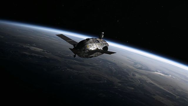 Futuristic Spacecraft Orbiting Earth Demonstrates Advanced Exploration Technology