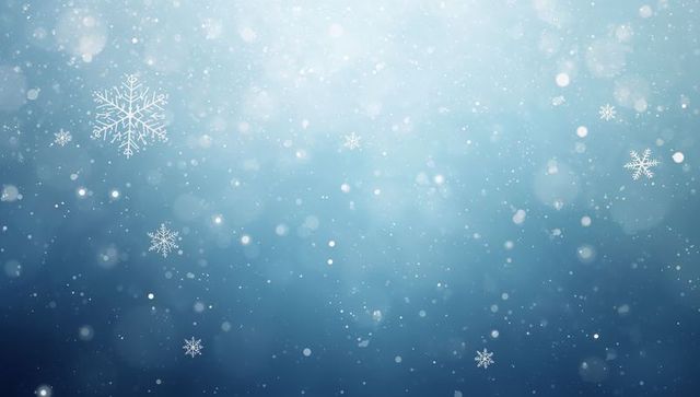 Drifting Six-Point Snowflakes with Soft Bokeh Lights Over Cool Blue Gradient Background