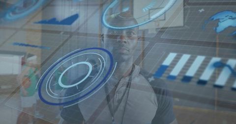 Technician viewing augmented reality analytics interface dashboard in warehouse operations