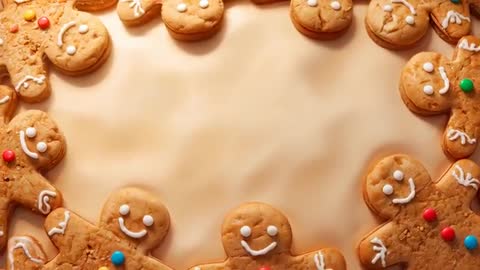 Overhead video showing gingerbread cookie ring on tabletop, filming icing and candy details