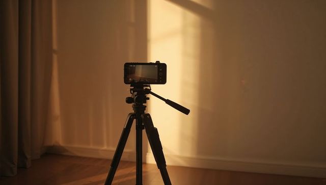 Smartphone on Tripod Capturing Golden Hour Light in Minimalist Studio with Pan-Tilt Handle