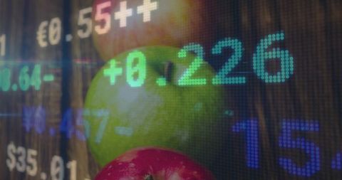 Red and green apples with stock market ticker overlay representing food commodity prices