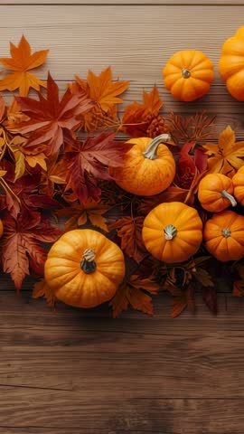 Vertical video showcasing autumn pumpkins and fall leaves on rustic wooden tabletop