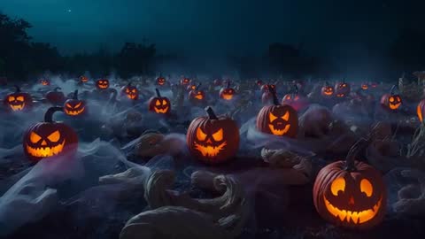 Enchanted Pumpkin Patch Under Moonlit Foggy Night