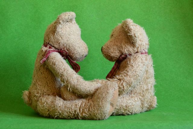 Two fluffy teddy bears facing each other and holding paws, creating a charming and heartwarming scene. Perfect for portraying themes of friendship, love, childhood memories, and innocence, and can be used in children's books, greeting card designs, or social media posts celebrating relationships and togetherness.