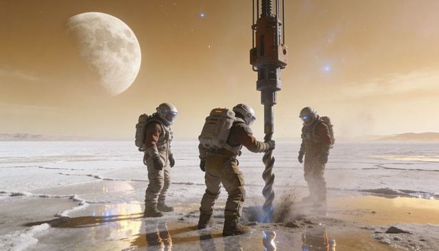 Astronauts drilling on frozen exoplanet salt flat under giant moon and reflecting helmets